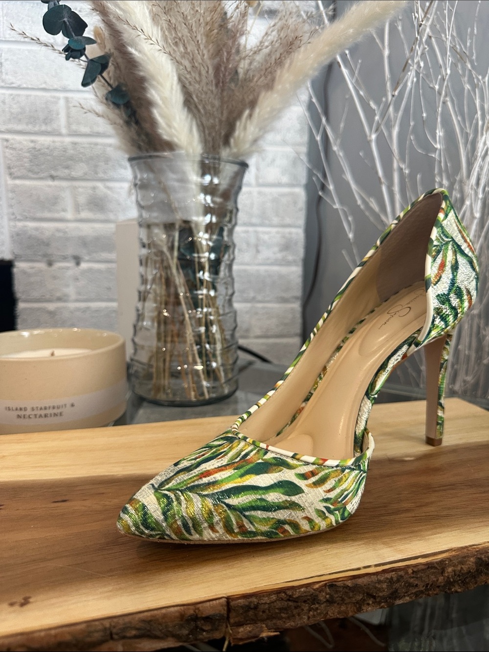 Jessica Simpson D’Orsay Green Leaf Print Pointed-Toe Stiletto Pumps